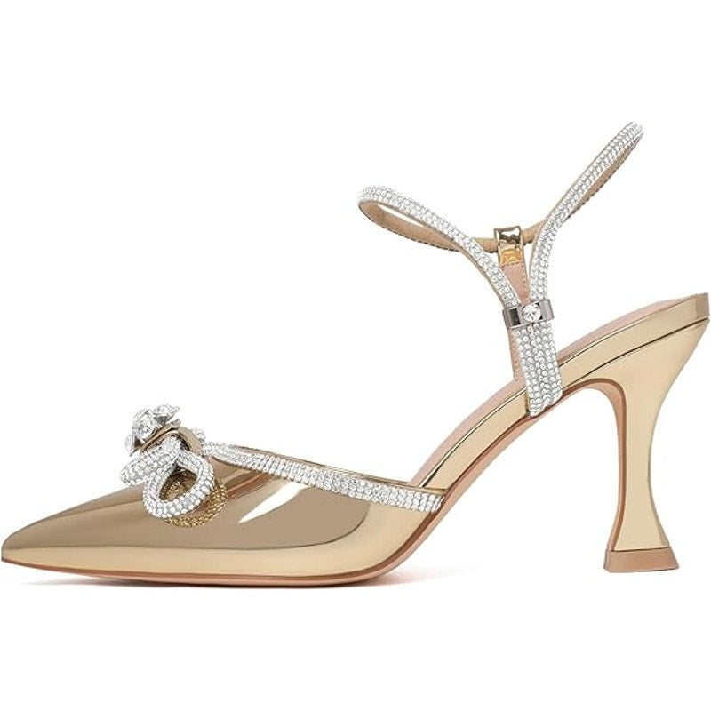 Susanny Womens 9 Shiny Gold Closed Toe Rhinstone 3.5" Heel Ankle Strap Shoes
