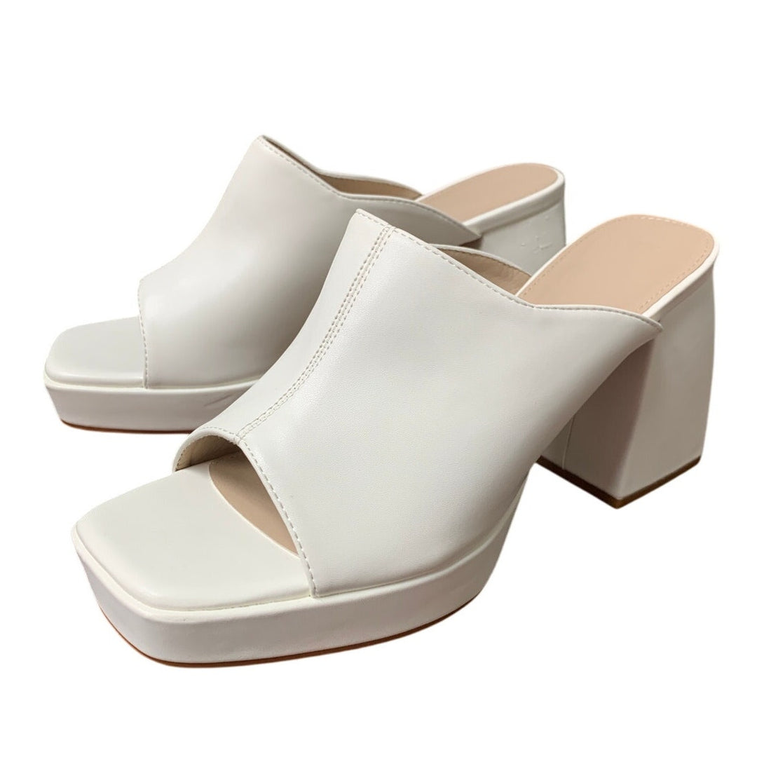 Womens Size 9 White Faux Leather 4" Platform Block Heel Open Toe Slide On Shoes