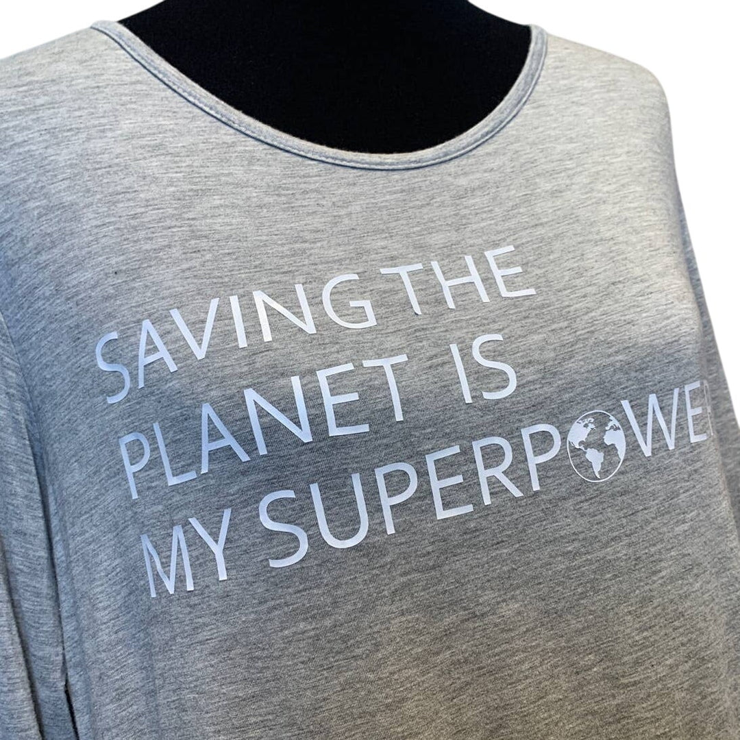 Hand Printed Upcycled Womens Large Saving the Planet Superpower Babydoll Top