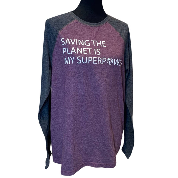 Hand Printed Upcycled Mens Large Saving the Planet Superpower Long Sleeve Tee