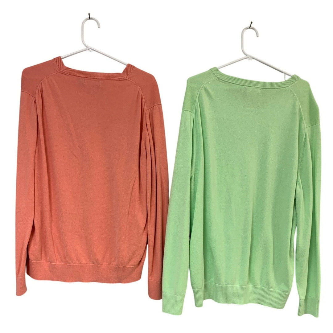 Lot of 2 Nautica Mens XL Green Pink PolyCotton Long Sleeve V Neck Knit Sweaters
