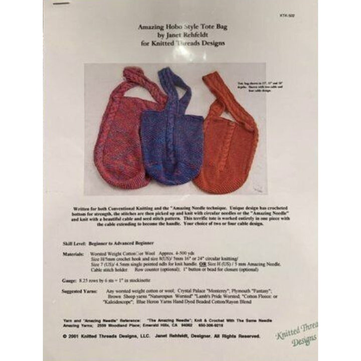 New 2001 Knitted Threads Rehfeldt KTK-502 Amazing Hobo Tote Knitting Pattern