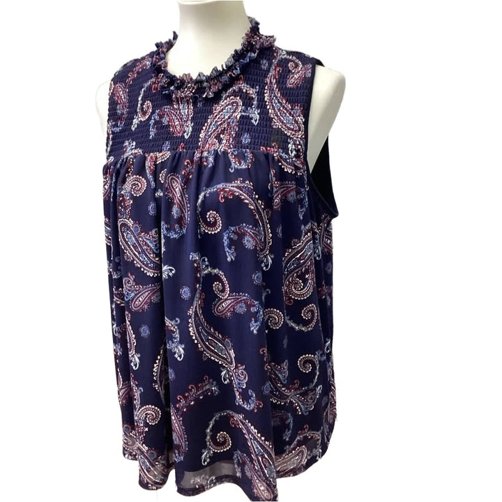 CEst 1946 Womens Large Ruched Paisley Florla Navy Blue Sleeveless Flowy Tank Top