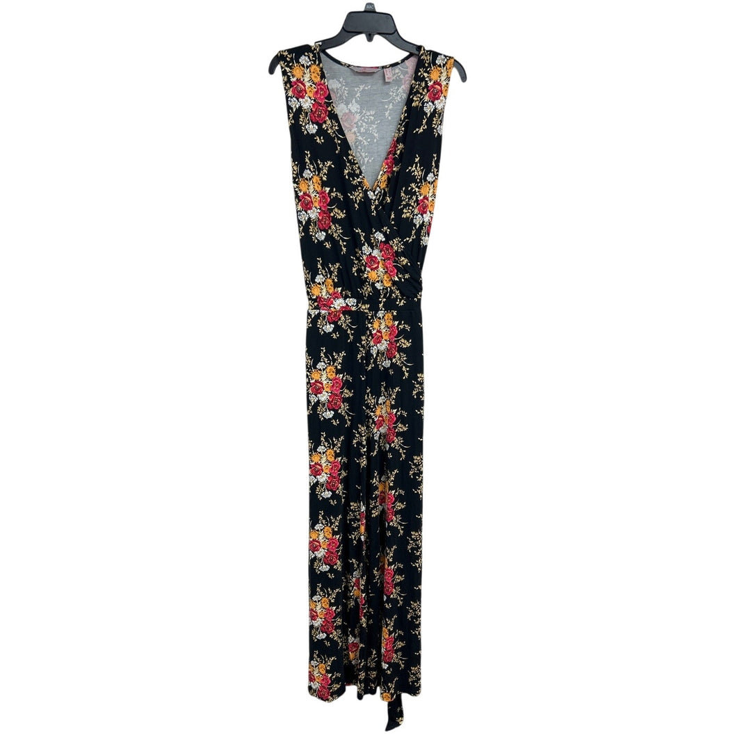 Laurie Felt Womens Medium Black Deep V Floral Sleeveless Jumpsuit w Tie Belt