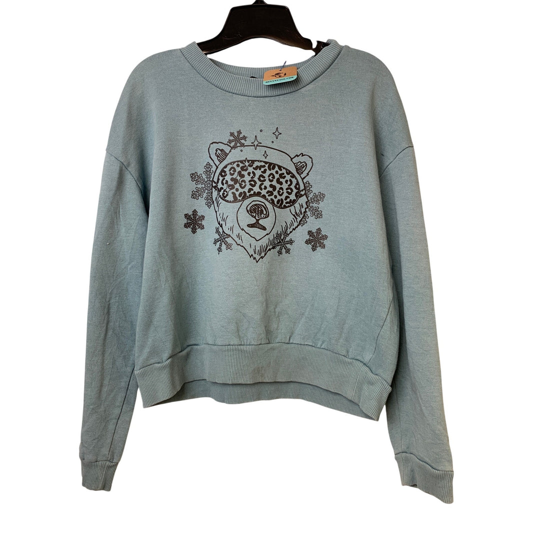 Upcycled Hand Printed Womens Large Blue Winter Polar Bear Cropped Sweatshirt