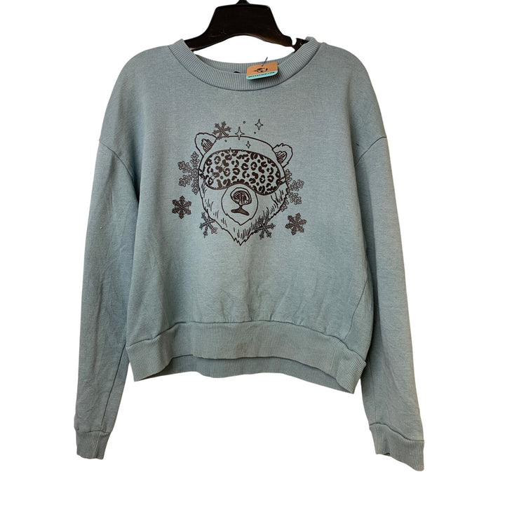 Upcycled Hand Printed Womens Large Blue Winter Polar Bear Cropped Sweatshirt