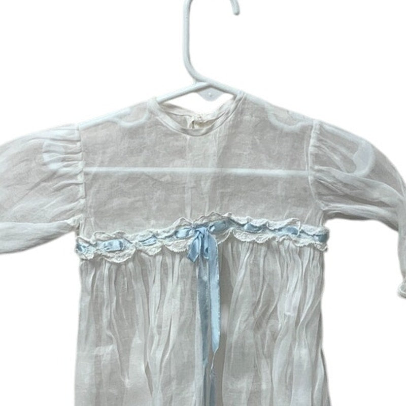 Vintage Handmade Baby Christening Baptism Lace Gown Blue Bow w Overlay Jacket