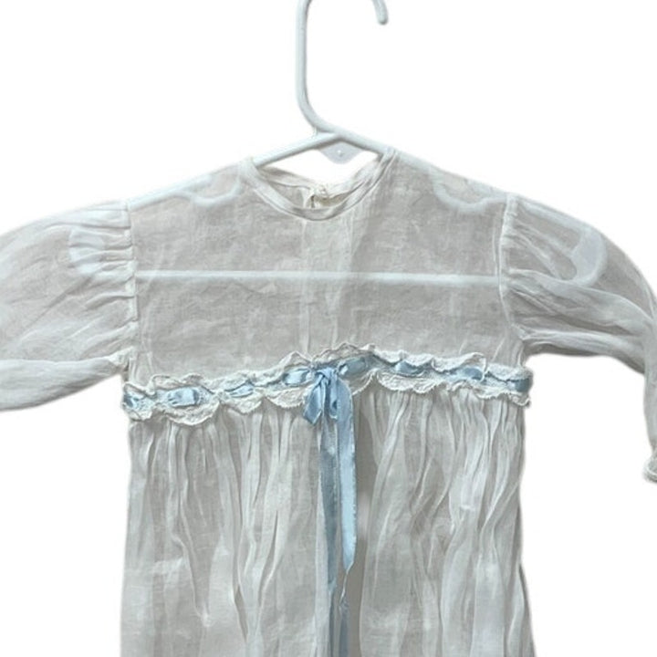 Vintage Handmade Baby Christening Baptism Lace Gown Blue Bow w Overlay Jacket
