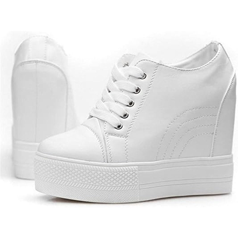 New Womens Size 6 White Faux Leather 4" Hidden Heel Lace Up Wedge Sneakers Shoes