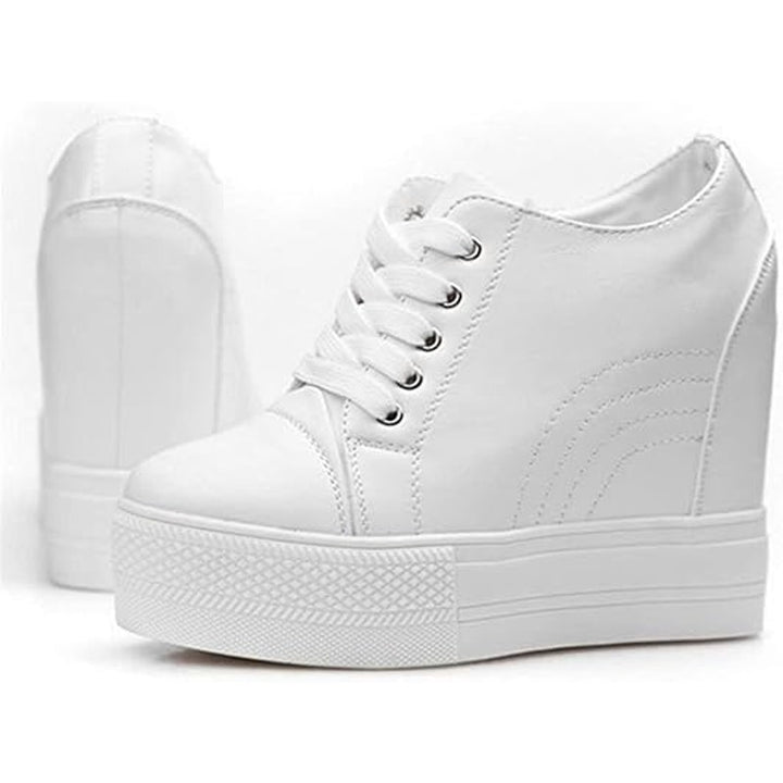 New Womens Size 6 White Faux Leather 4" Hidden Heel Lace Up Wedge Sneakers Shoes
