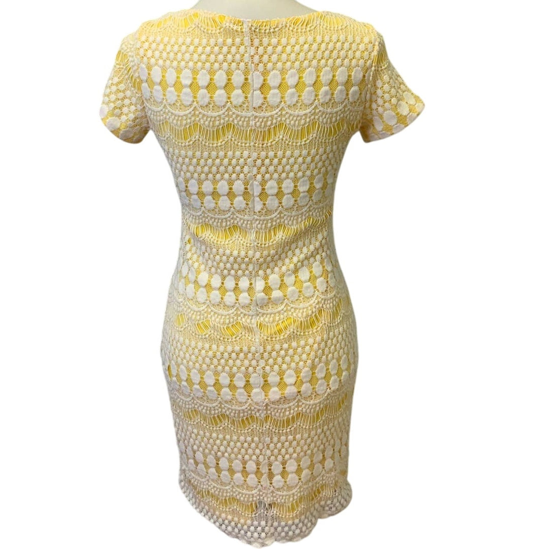 Tiana B Womens Small Short Sleeve Body Con Yellow Dress White Crochet Overlay