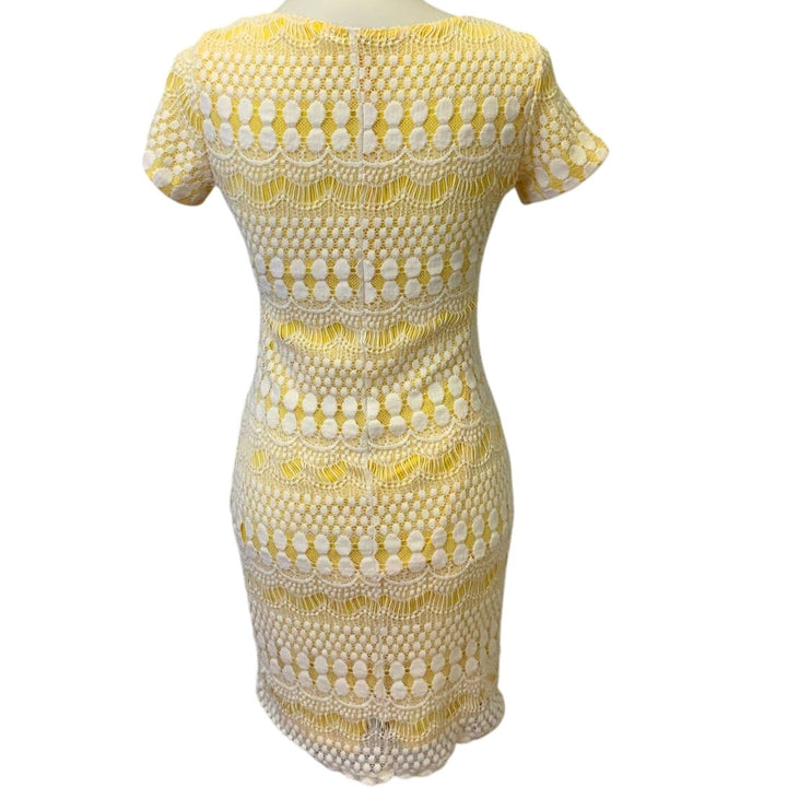 Tiana B Womens Small Short Sleeve Body Con Yellow Dress White Crochet Overlay