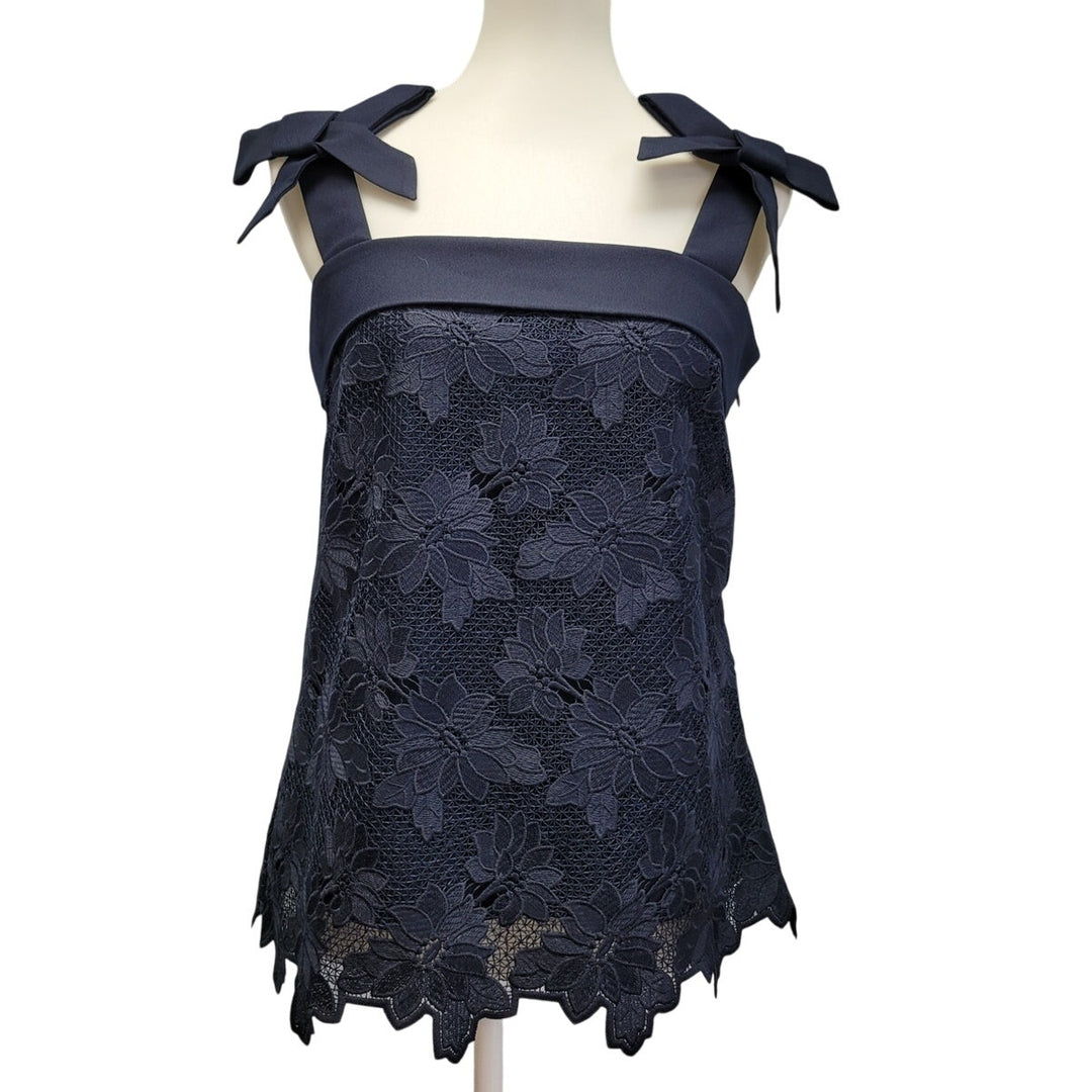 Banana Republic Womens Small Navy Blue Lace Side Zip Tank Top w Bow on Straps