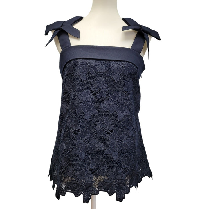 Banana Republic Womens Small Navy Blue Lace Side Zip Tank Top w Bow on Straps