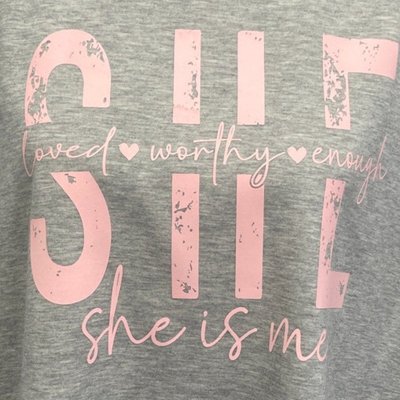 Hand Printed Upcycled Womens XL She Is Me Loved Worthy Enough Bell Sleeve Top