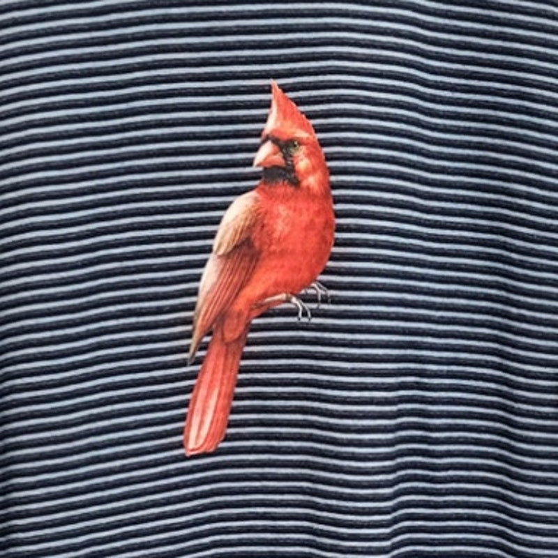 Hand Printed Upcycled Mens XL Red Cardinal Bird Short Sleeve Crew Neck Tee Shirt
