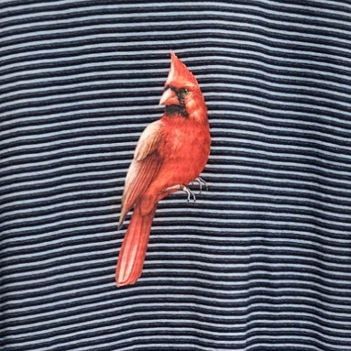 Hand Printed Upcycled Mens XL Red Cardinal Bird Short Sleeve Crew Neck Tee Shirt