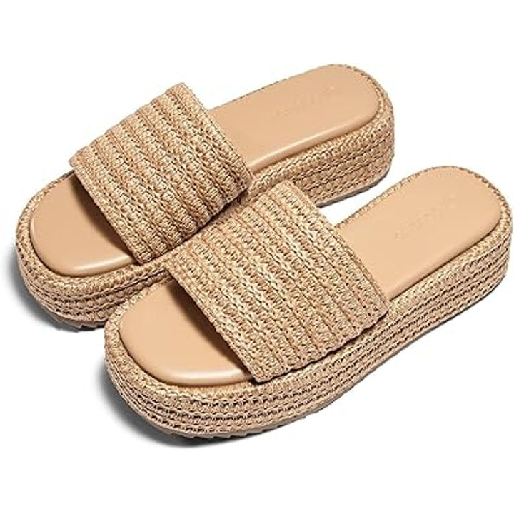 Coutgo Womens Size 8 Tan Raffia Espadrille SlipOn Open Toe Platform Sandal Shoes