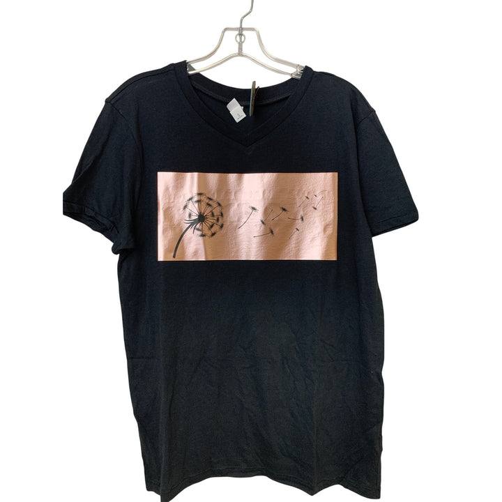 New Upcycled Hand Printed Womens Small Black Copper Dandelion Wish VNeck Tee