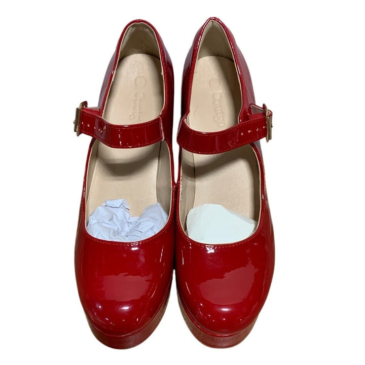 Coutgo Womens Size 9 Red 4" Heels Mary Jane Round Closed Toe Buckle Strap Shoes