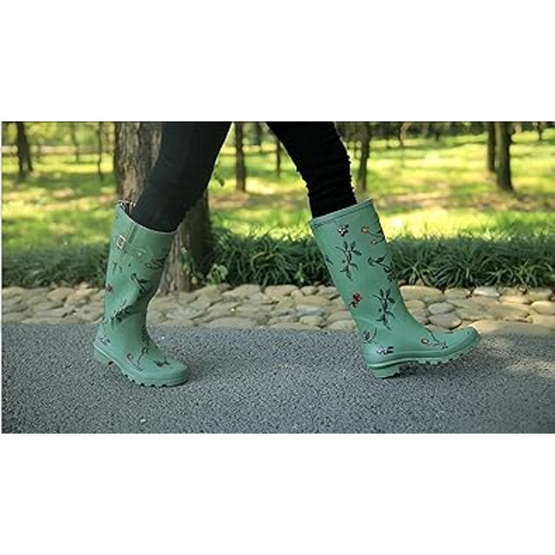 Rongee Womens Size 9 Green Bird Flower Buckle Waterproof Garden Rain Boots