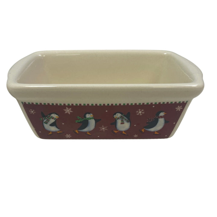 Set of Two Snowman Winter Penguin Microwave &amp; Oven Safe Ceramic Mini Loaf Pans