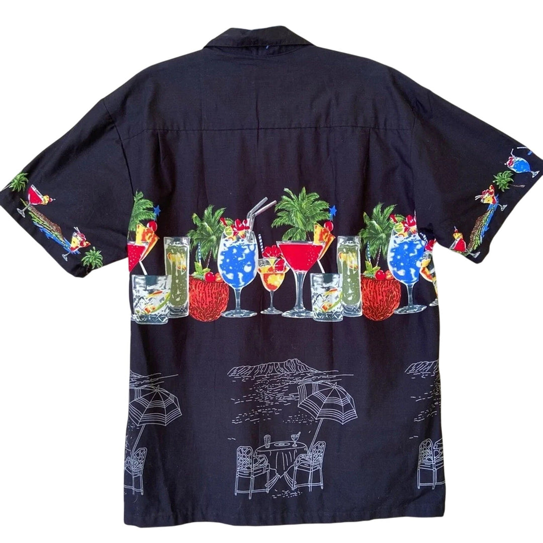New Gohawaii Mens Large 100% Cotton Mixed Drink Button Up Short Sleeve Shirt