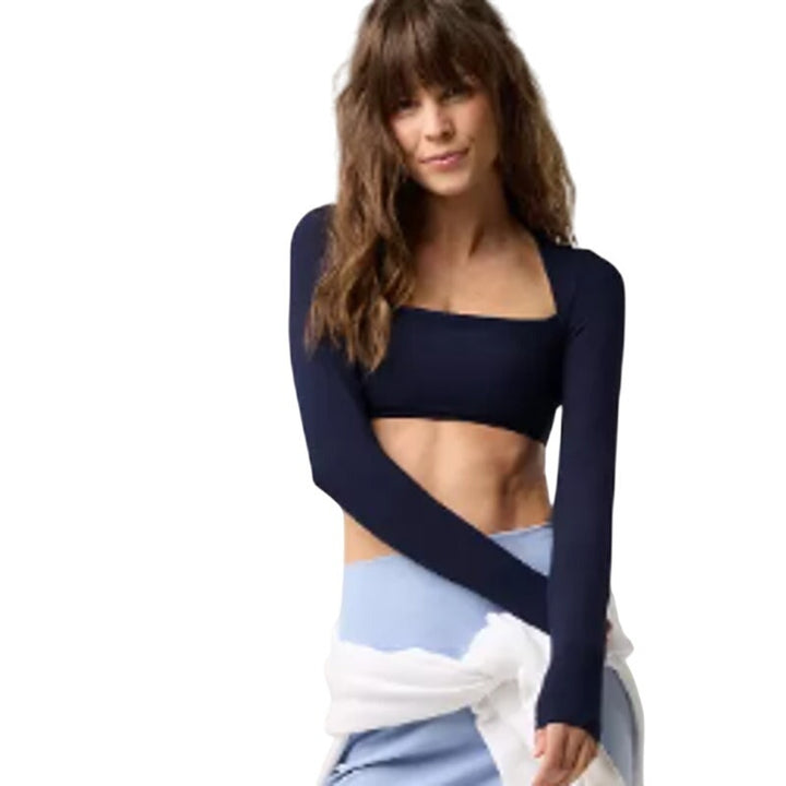 New OFFLINE By Aerie Womens Small Real Me XTRA Ribbed Navy Long Sleeve Bra Top