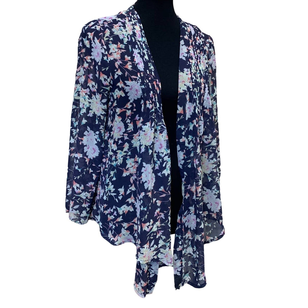 LC Lauren Conrad Womens Large Polyester Long Flowy Blue Floral Open Cardigan