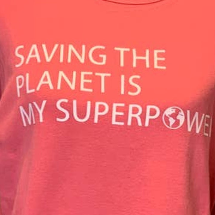 Hand Printed Upcycled Womens Medium Saving the Planet Superpower Long Sleeve Tee