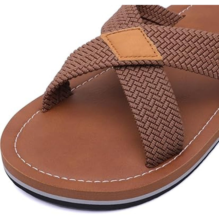 New Harssidanzar Mens Size 10 Brown Open Toe Braided Look Slide Sandals w Flaw