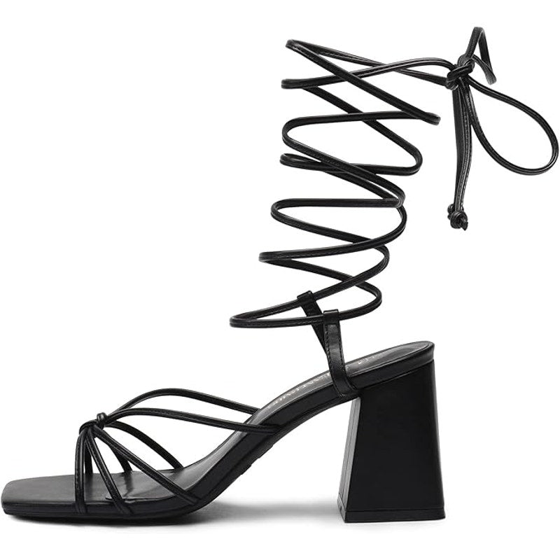 Dream Pairs Womens 11 Black Faux Leather Gladiator Lace Up 3.5" Block Heel Shoes