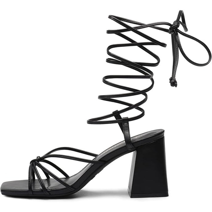 Dream Pairs Womens 11 Black Faux Leather Gladiator Lace Up 3.5" Block Heel Shoes
