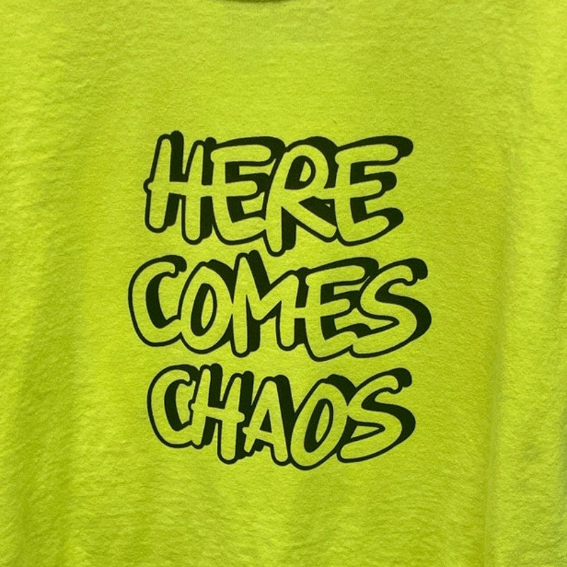 Hand Printed Upcycled Youth Medium Here Comes Chaos Neon Yellow Tee Shirt