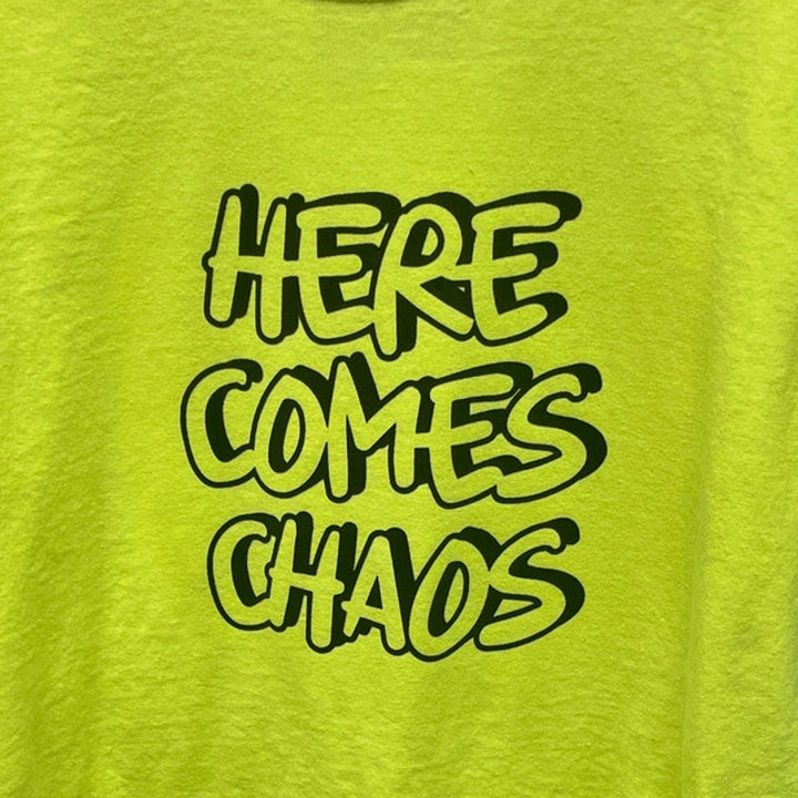 Hand Printed Upcycled Youth Medium Here Comes Chaos Neon Yellow Tee Shirt