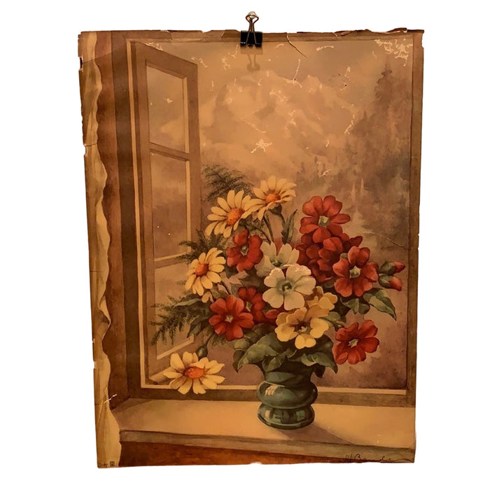Vintage 1941 S J Bende Flowers In Window Thin Paper Brown Red Yellow Art Print