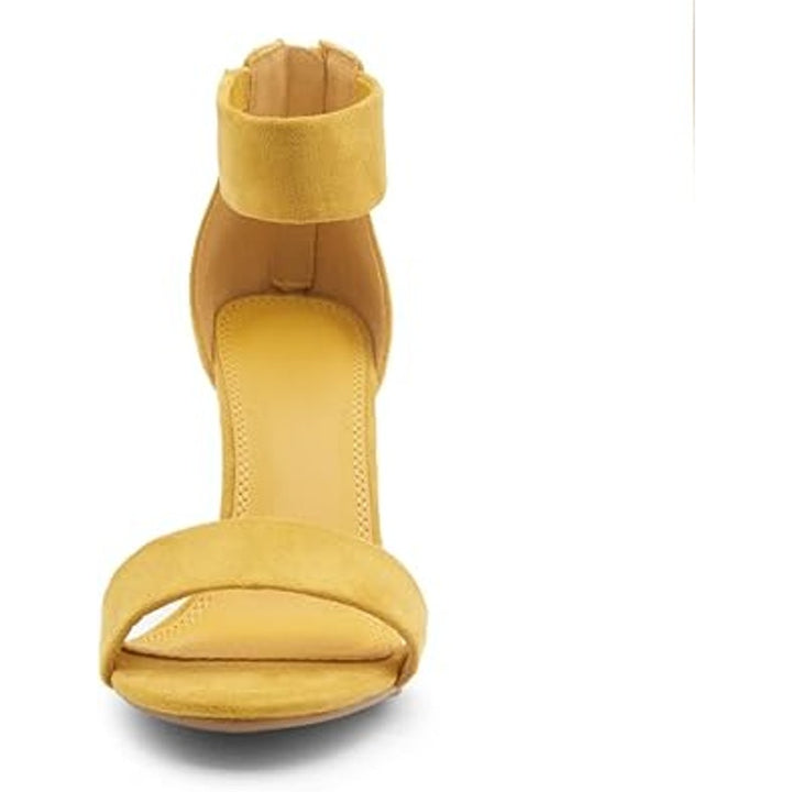 New Herstyle Women 7 Mustard Yellow Faux Suede 3.5" Heel Open Toe Sandals w Flaw