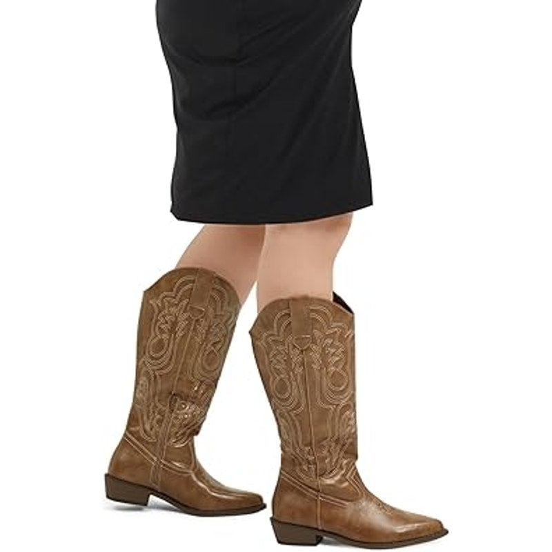 Mysoft Womens 8W 8 Wide Brown Embroidered 1.5" Chunky Heel Cowboy Western Boots