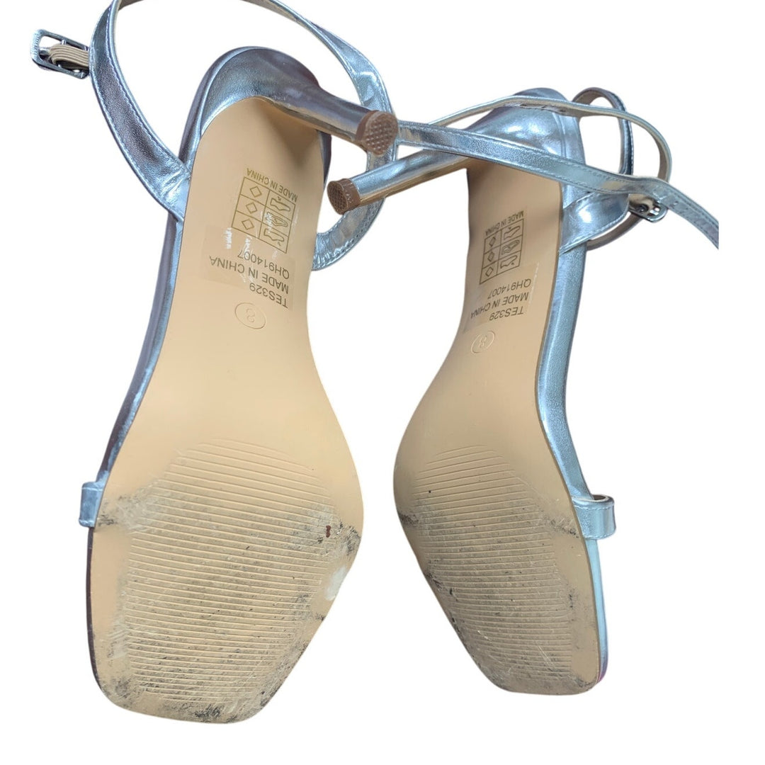 Elisabet Tang Womens Size 8 Shiny Silver 4" High Heel Ankle Strap Sandals Shoes