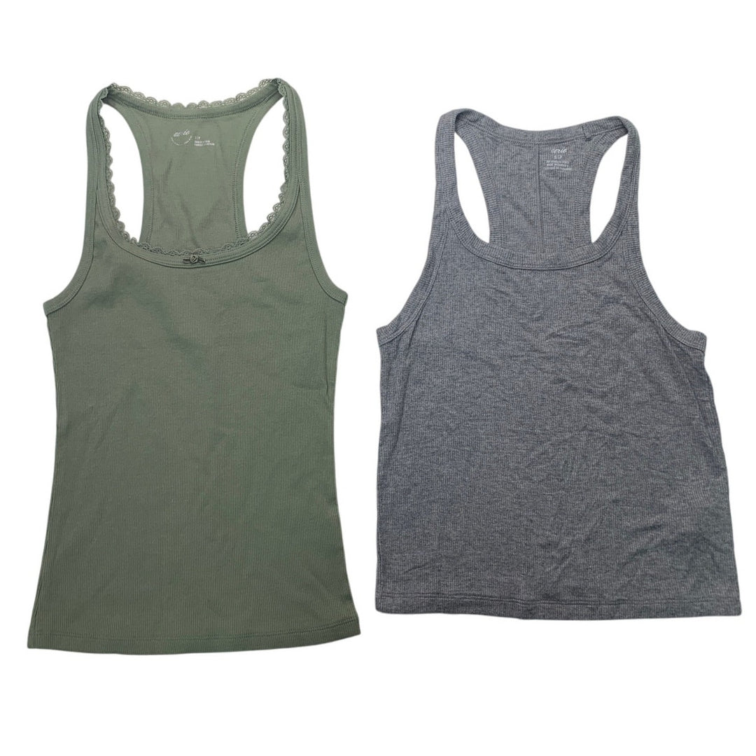 2 New American Eagle Womens Small Olive Green Gray Sleeveless Ribbed Tank Tops