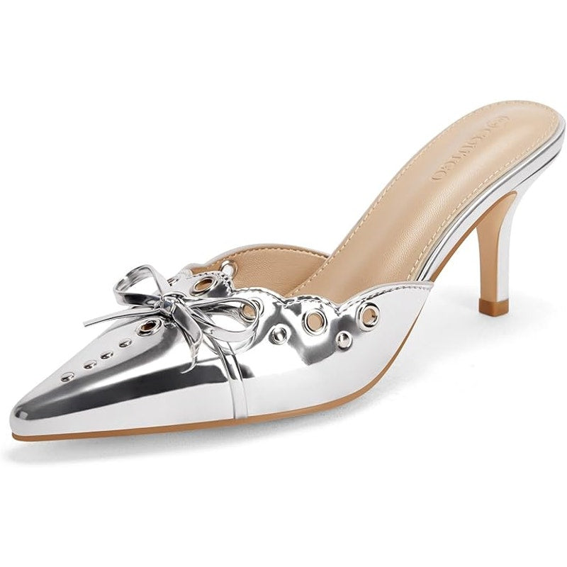 Coutgo Womens Size 8 Silver Mirror Bow Tie Slide On 3.25" Heel Pointed Toe Shoes