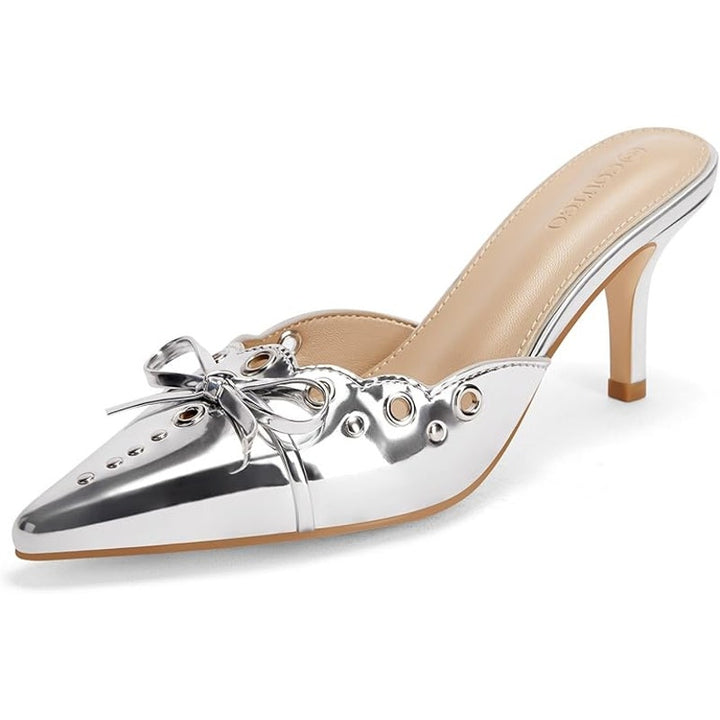 Coutgo Womens Size 8 Silver Mirror Bow Tie Slide On 3.25" Heel Pointed Toe Shoes