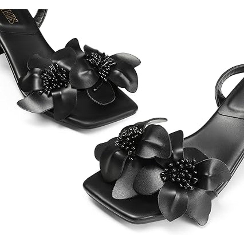 Dream Pairs Womens Size 7 Black Open Toe Flower 3" Heel Ankle Strap Sandal Shoes