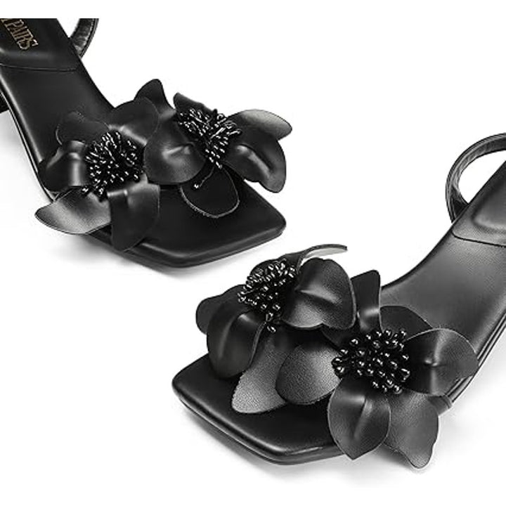 Dream Pairs Womens Size 7 Black Open Toe Flower 3" Heel Ankle Strap Sandal Shoes