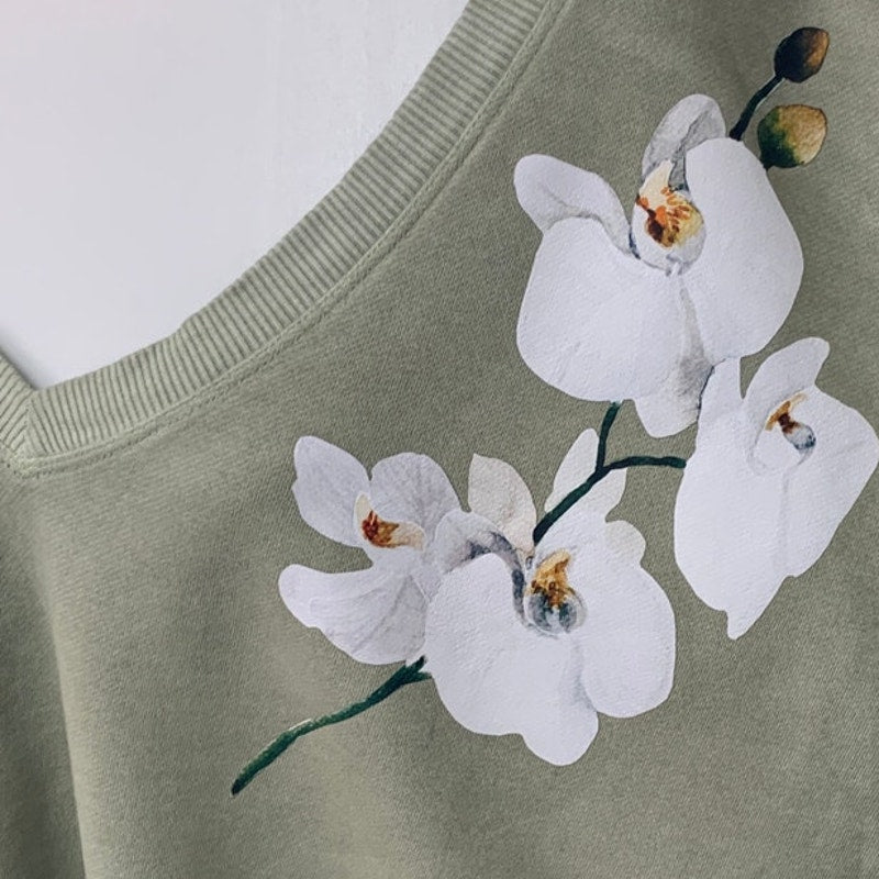 New Hand Printed Upcycled Womens Medium Orchid Flower Deep V Neck Sweatshirt
