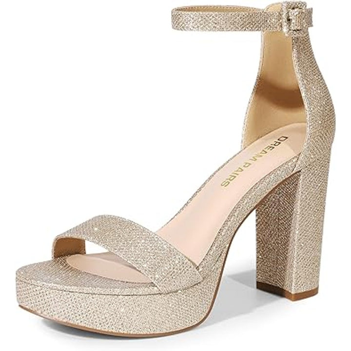 New Dream Pairs Womens 7.5 Gold Glitter Open Toe 4" Block Heel Ankle Strap Shoes