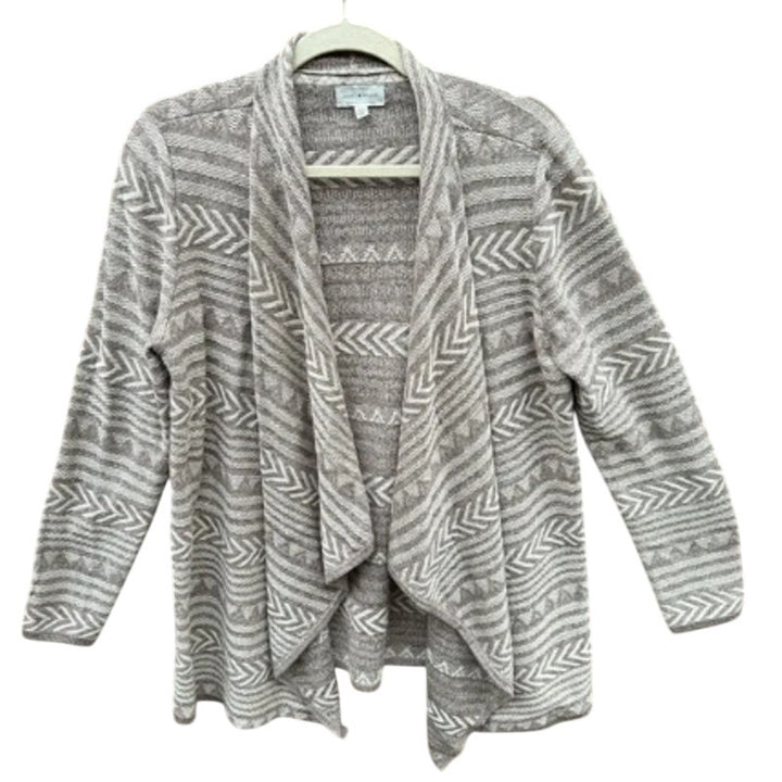Lucky Brand Womens Large Cotton Open Front Swing Caridgan Tan Stripe Sweater