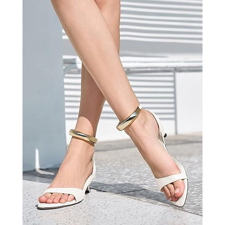 Coutgo Womens 7 White Open Toe Bangle Ankle Strap Low Kitten Heel Sandal Shoes