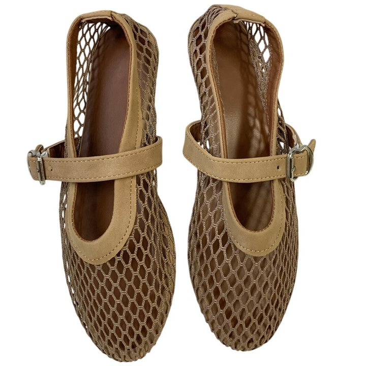 Voleece Womens Size 6.5 Beige Mary Jane Ballet Flat Closed Round Toe Mesh Shoes