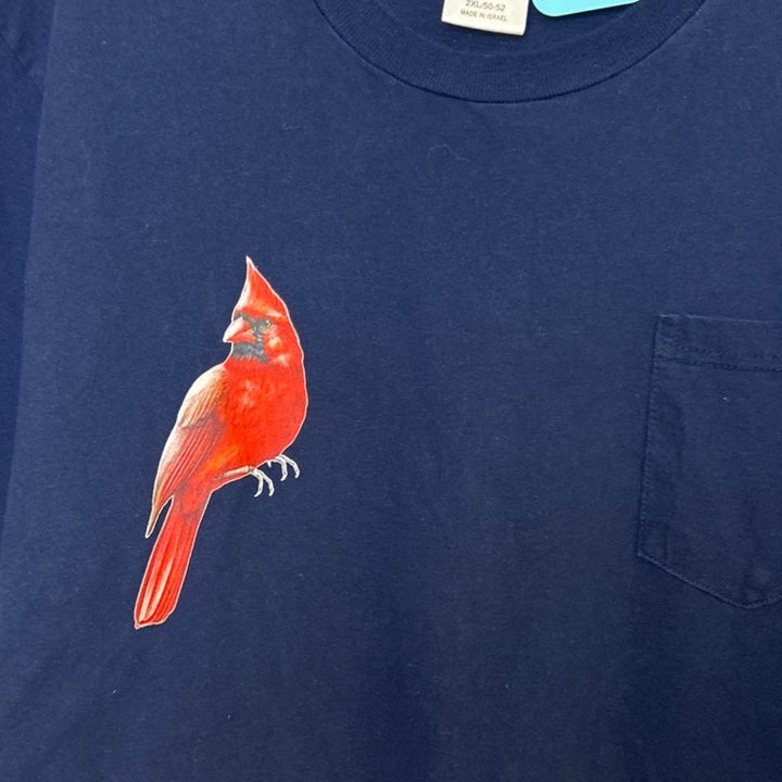 Upcycled Hand Printed Womens 2XL Red Cardinal Bird Navy Short Sleeve Tee Shirt
